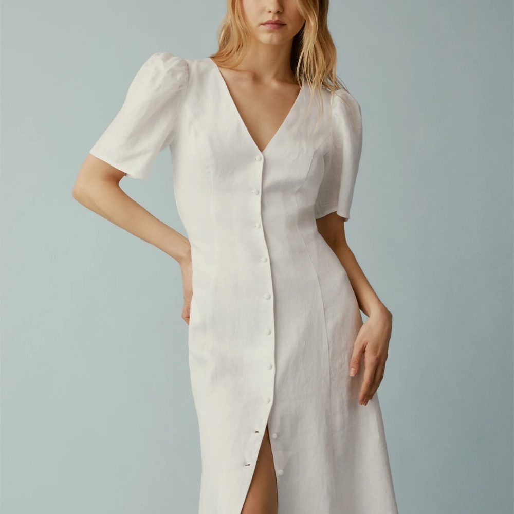 Reformation White V-Neck Button-Front Midi Dress